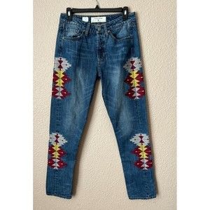 MISS ME VINTAGE Womens Aztec Embroidered Boyfriend Button Fly Denim Jeans Sz 26